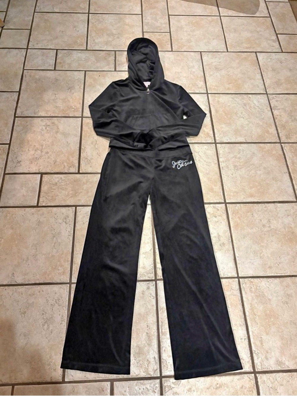Juicy Couture Black Velour Hoodie & Wide-Leg Pants Set